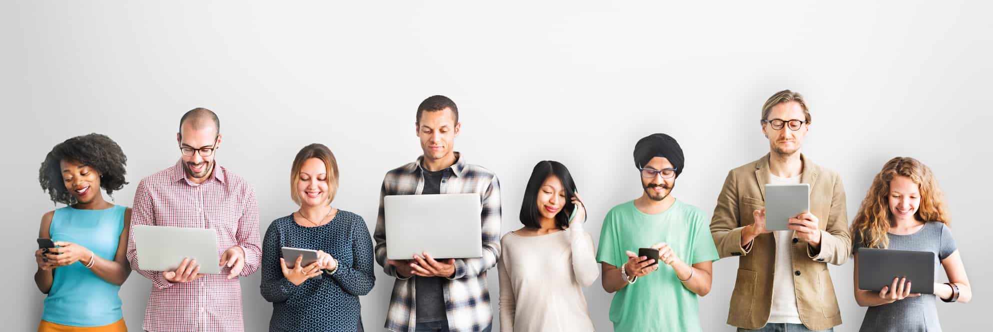 line of people on devices cropped